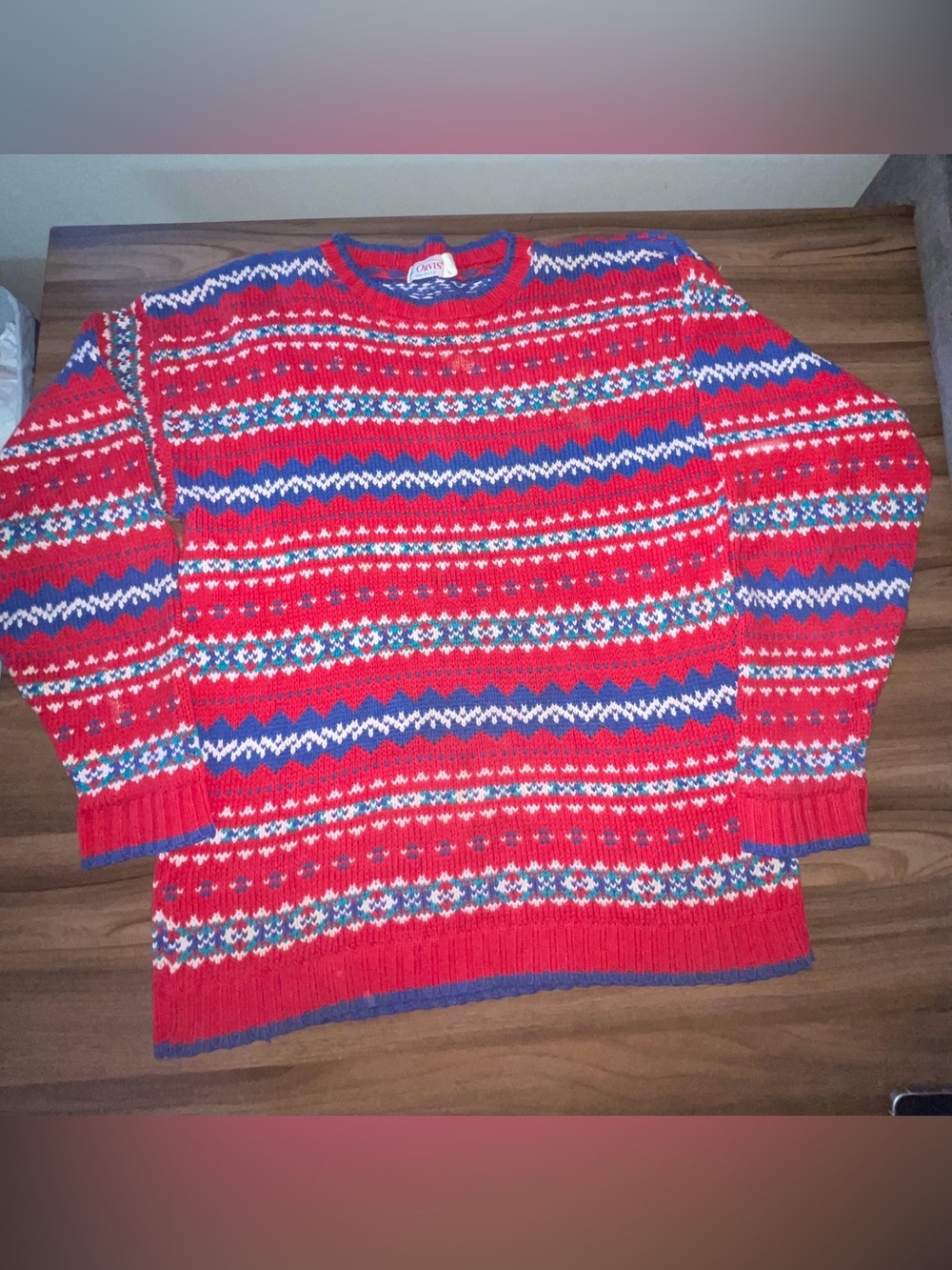 Vintage Orvis Red Crewneck Fair Isle Sweater with Blue, White & Green Accents M